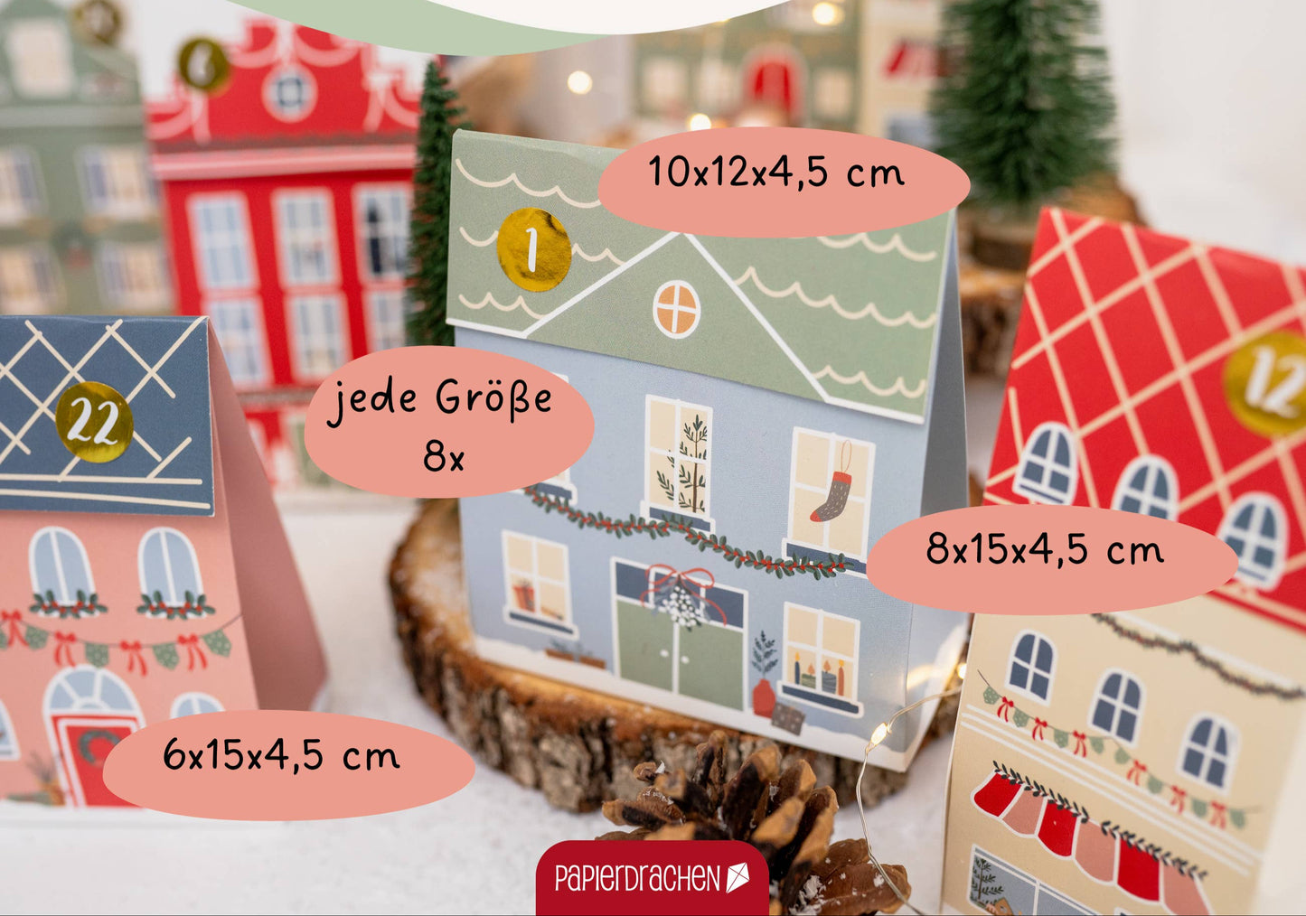 Calendrier de l'avent en papier - Maisons colorées