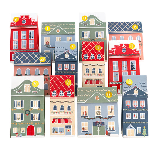 Calendrier de l'avent en papier - Maisons colorées